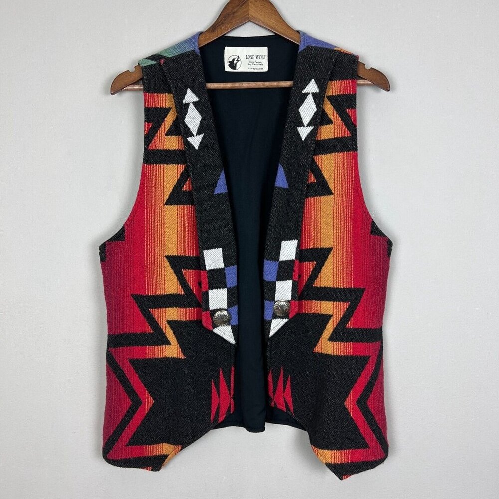 Lone Wolf Vest Womens Small Multicolor Southwestern Aztec Open 100% Cotton S - Picture 9 of 9